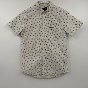 RVCA Shirt Youth Boy Small Ivory Blue Button Down Short Sleeve Floral Surf Beach